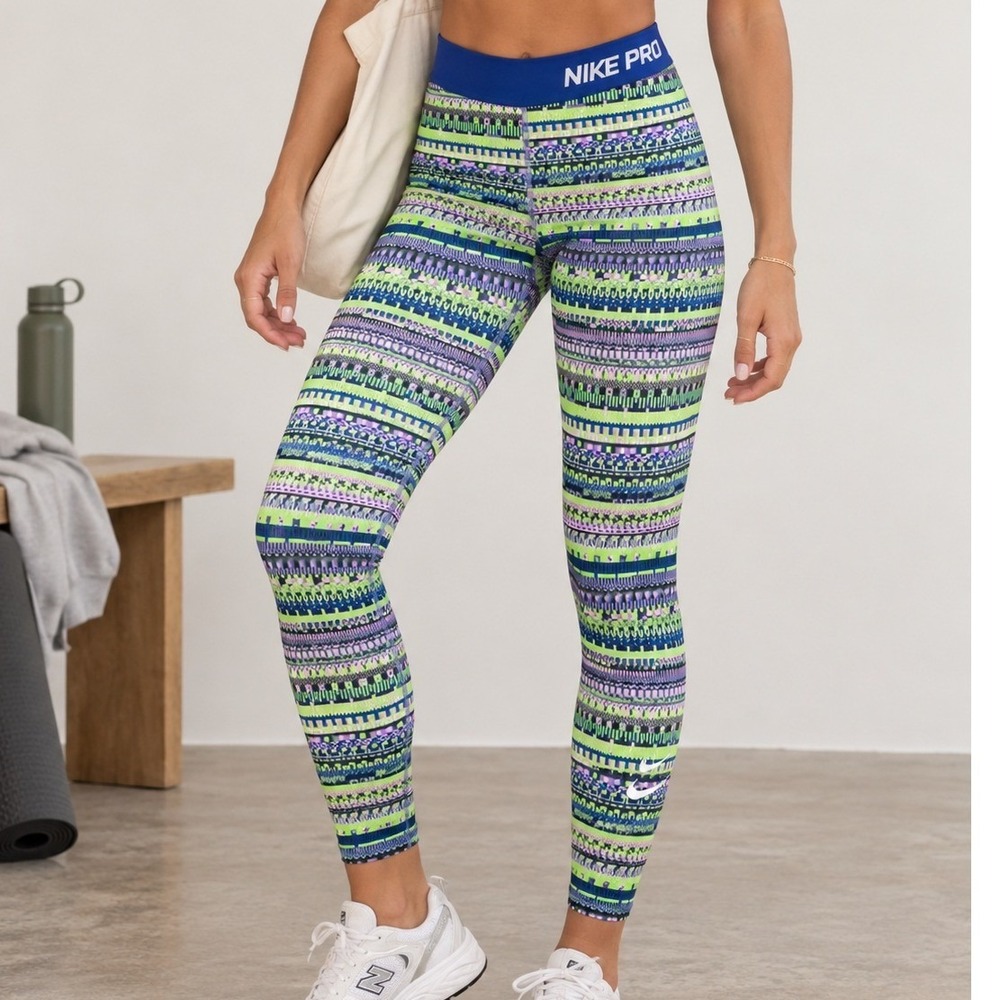 Nike Pro Dri-FIT Women Small Leggings Geometric Digital Print Green Purple Blue
